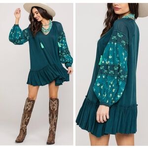 Free People Mix It Up tunic dress beaded Teal